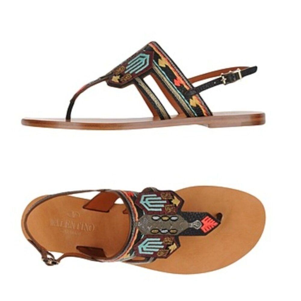Valentino Kilim Embroidered Thong Slingback Sandals EU 37 US 7 Boho Flat Casual